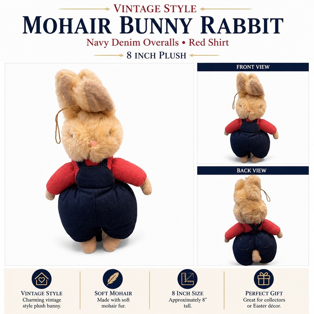 Vintage Style Mohair Bunny Rabbit Plush‎ 8 inch Navy Denim Overalls Red Shirt
